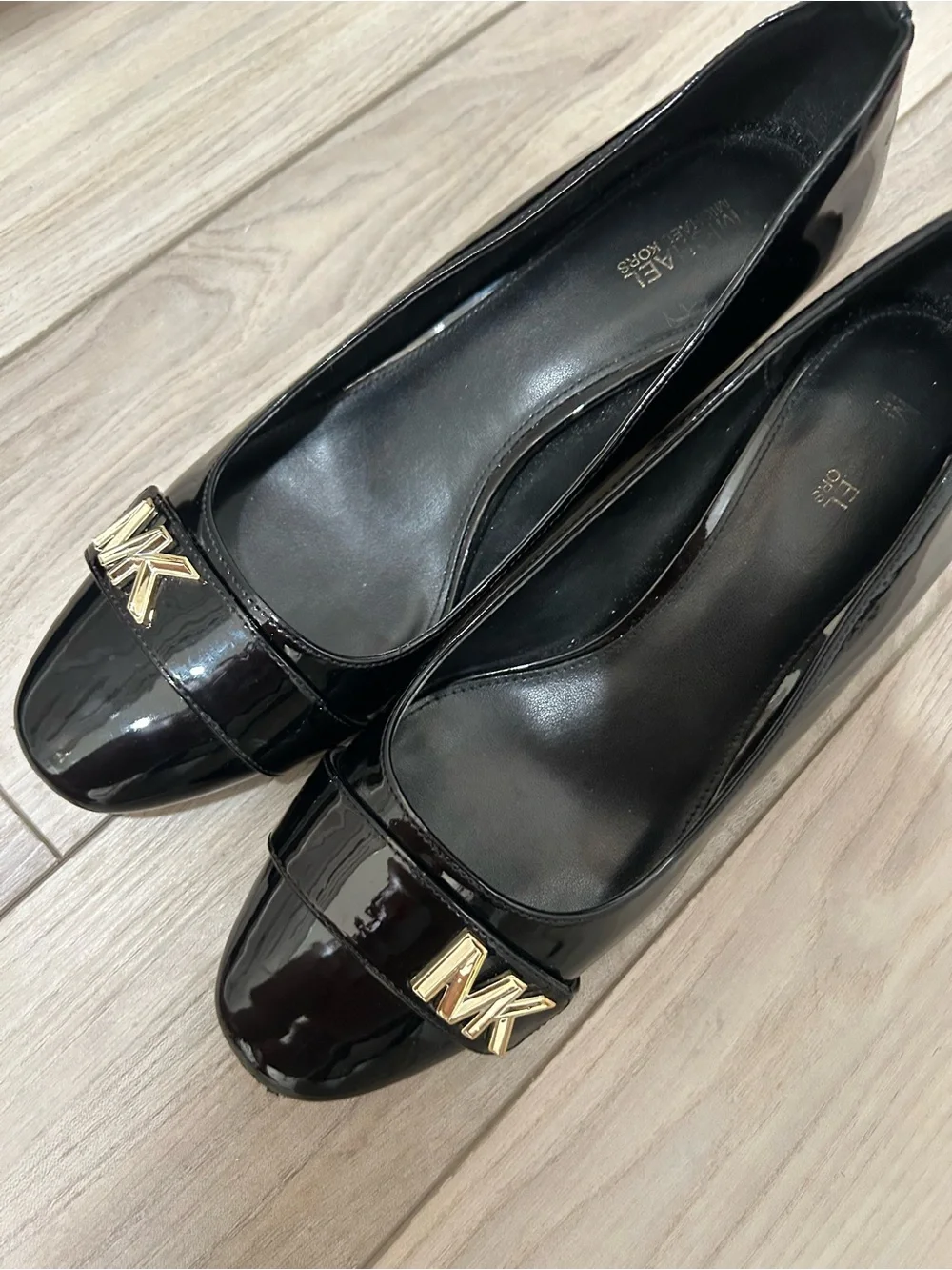 Michael Kors Black Patent Leather Heeled Loafers with Gold MK Accent